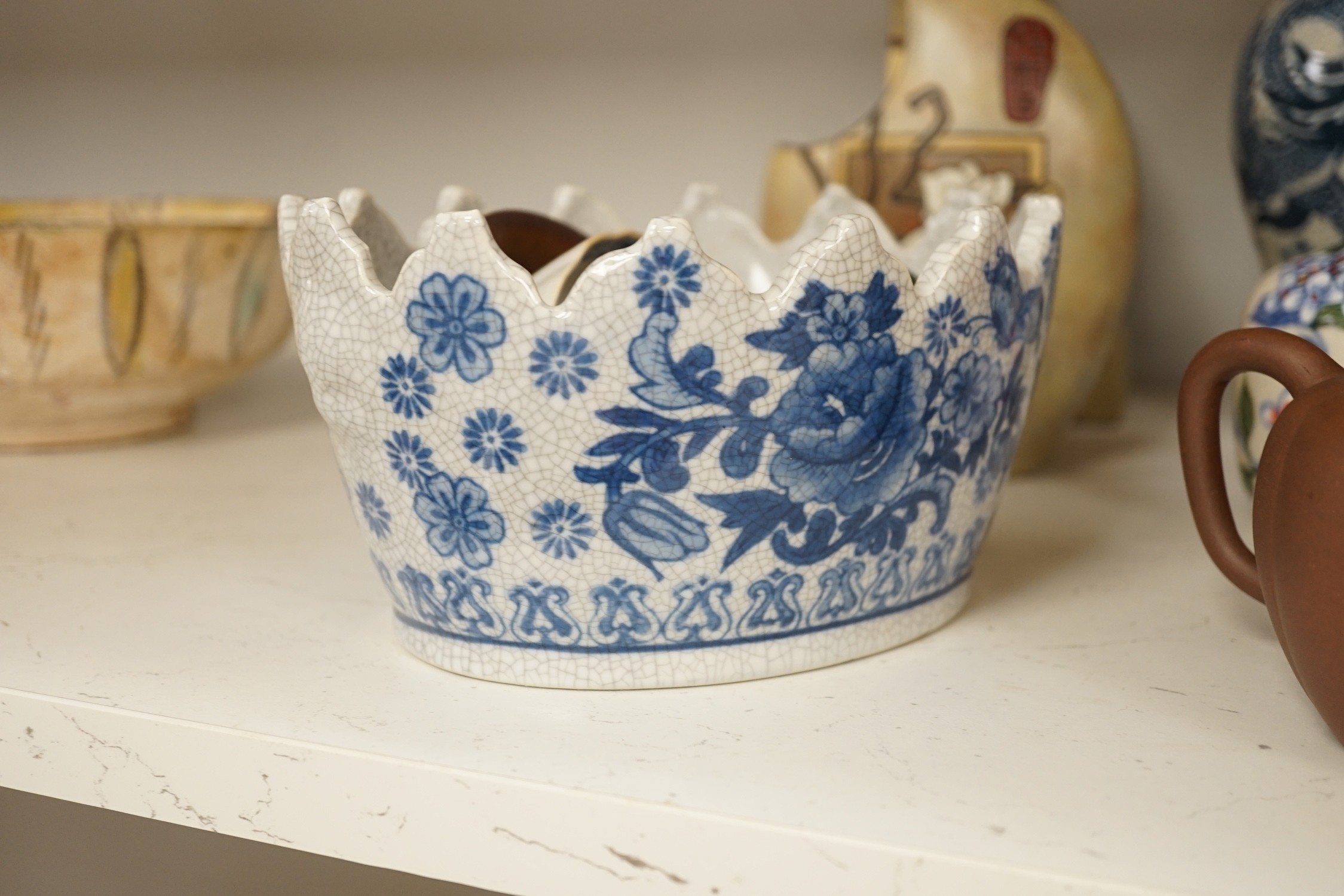 A Chinese blue and white dragon crackle glaze vase, together with a group of Chinese and Oriental ceramics. Tallest 23cm